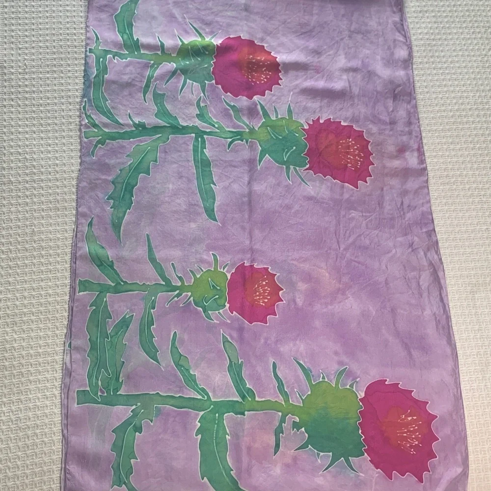 Lavender/Purple, pink and green floral silk scarf